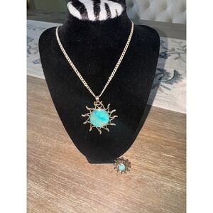 Sterling Silver 925 Turquoise Sunburst Pendant Necklace with Matching Ring Set